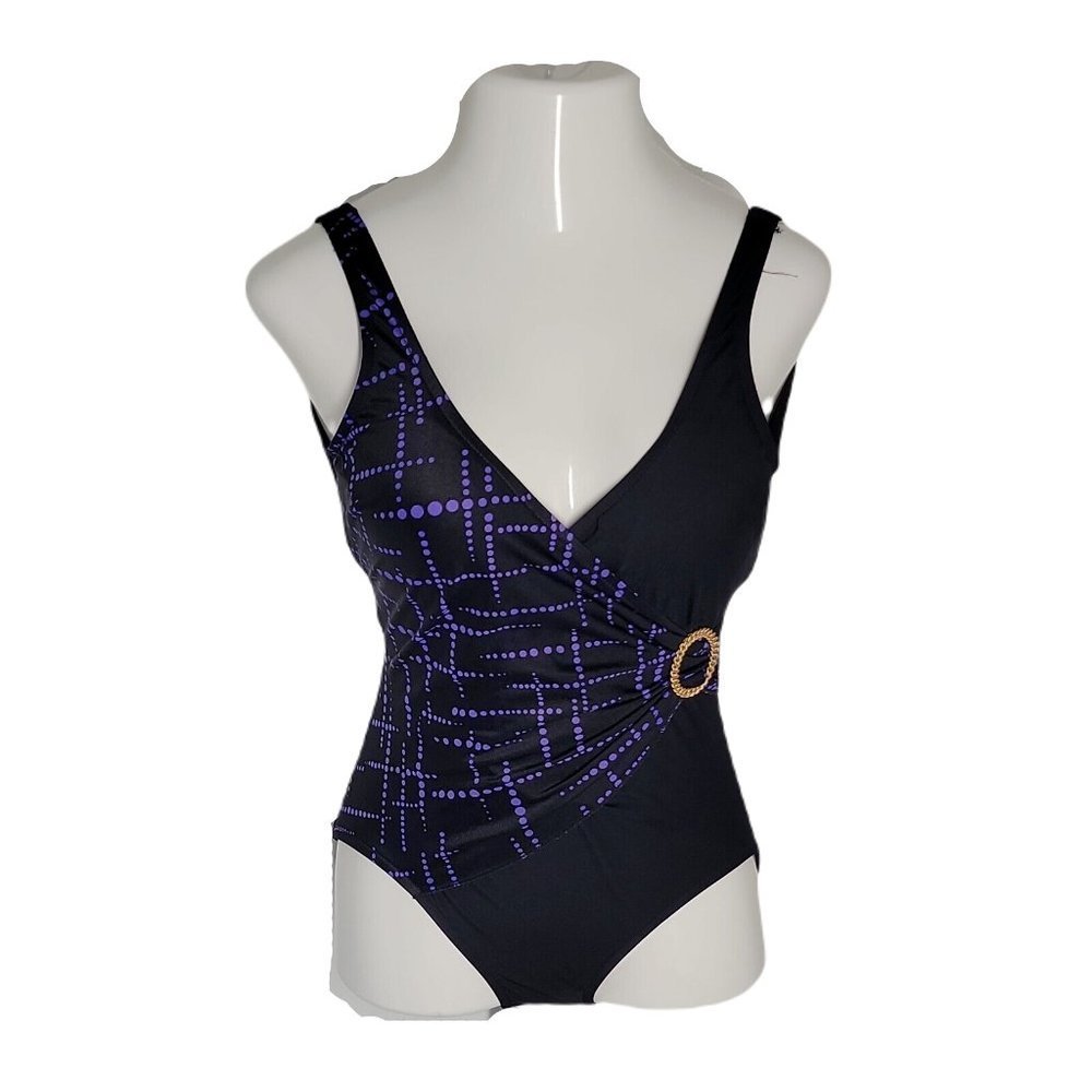 Sirena Classy Vintage Ruched One-Piece Swimsuit ~ Black & Purple ~ Sz 10